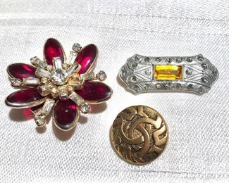 $12 each Flower pin signed "Barclay"red, art deco yellow stone  SOLD 