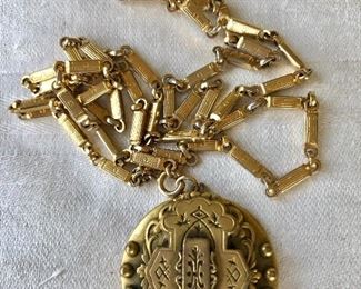 $30 Vintage locket on chain ornate design.  Pendant: 1.5"D.  Chain: 51"L