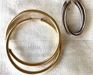 $20  each  Gold filled hoop earrings, sterling silver hoops.  Gold hoops: 2.5"D.  Silver hoops:  1.5"L; 1"W