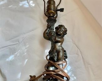 $120 - Vintage "Cupid" iron lamp - cupid figure is 9.5"H; lamp is 20.5"H with harp