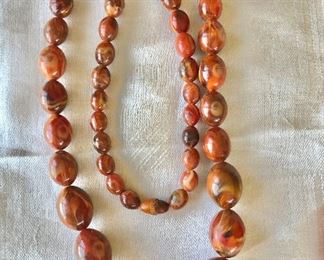 $45 Very vintage long strand marbled  beaded necklace with twist clasp 