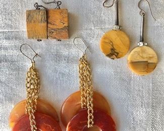 $25 each earrings.  Two pairs on left match necklaces.  Square: 2"L;   Small: 2"L;  Bottom:  5"L Red orange earrings SOLD 