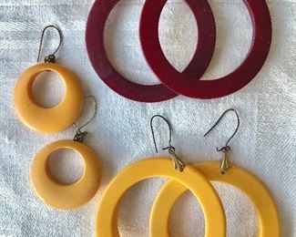 $30 each large hoop bakelite earrings,Red hoops SOLD  $20 small hoop bakelite earrings.  Top: 2"D;  Middle: 1.2"D;  Bottom: 2"D