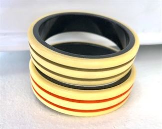 $95 Pair striped bakelite bangle bracelets.  2.8"D each