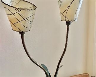$75 -Vintage MCM tulip flower double gooseneck table lamp with brass base - as is - right shade slightly burned on back other shade is wobbly - 30"H