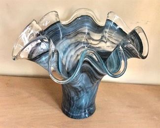 $75 - Scalloped edge art glass vase - 11" H, 12.5" diam.