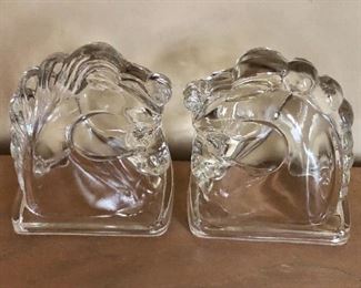 $45 - Two, hollow glass horse bookends or ornamental dividers.   5.5" H, 5" W, 3" D.
