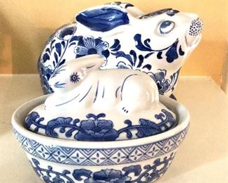 $30 Covered bowl (front)  4" H, 6" W, 4" D; $40 - Porcelain rabbit (back) 6" H, 9" W, 6" D.