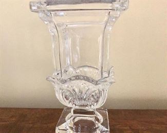 $25 Square glass footed vase. 6.75" H, 4.25" W, 4.25" D.