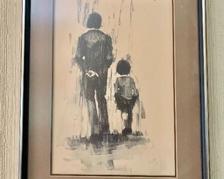 $95 Aldo Luongo "Man Walking with Child" Limited Edition Print, Lothograph of Charcoal drawing 20.5" H x 14.5" W. 