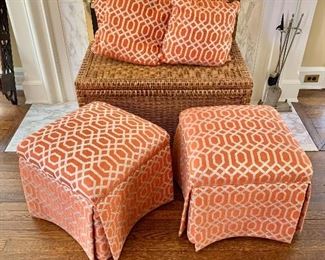 $250 - Set of 2 Ethan Allen ottomans with pillows.  Ottomans each 18" H, 19" W, 19" D.  Pillows each 16" x 16". 