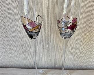 $40 - Pair of hand painted champagne glasses.  Each 12" H, 2" diam (base 3.5" diam). 