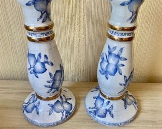 $40 - Pair blue and white gold rimmed, fruit candlesticks.     9.25" H, base 4.25" diam.