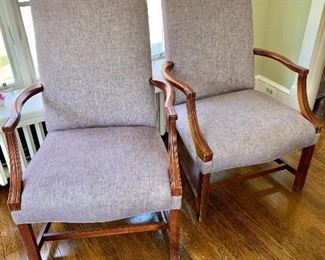 $300 - Pair of  vintage lilac custom upholstered arm chairs.  Each 41" H, 28" W, 22" D, seat height 18". 