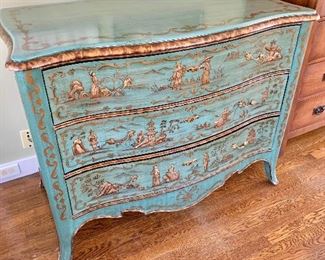 $595 - Chinoiserie, serpentine chest of drawers.   36" H, 45.5" W, 23" D.