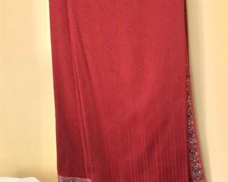 $40 Pair red tablecloths with embroidered border 57.5 by 52" each 