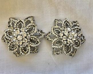 $20 Pair floral shaped white rhinestone fur clips.  2.4"Diam each