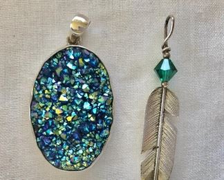 $30 Druzzy sterling silver pendant $20 Sterling feather pendant charm.  Blue: 15"L; 1"W.  Feather: 2"L  SOLD 