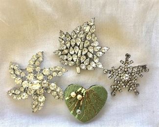 $10   each vintage and white rhinestone pins.  Green Pin: 1.8"x1.8" as reference Star pin SOLD 