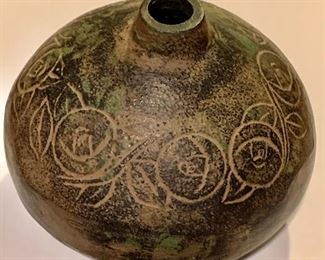 $95 - Vintage metal etched vessel, vase  - 3.5"H x 4" D