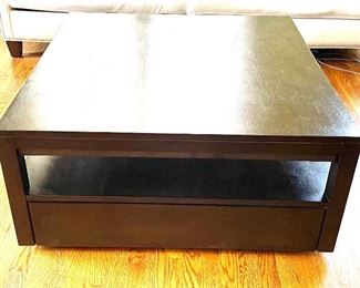 $395 Crate and Barrell Black coffee table with pull out drawers 
