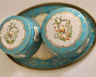 $30 Vintage Vanity set of tin boxes and tray with bird design.