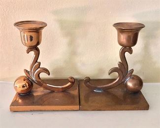 $75 - Pair of art art deco candle holders - one missing bottom felt liner - 6"H x 4.5"D x 3.5"W