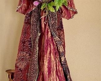$120 Large angel wood face , hands , torso, metal wings ,fabric  tapestry coat 28” tall by 13” wide at bottom