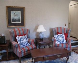 Pr  Wing Back Chairs, 2 Queen Ann Side Tables & Coffee Table by Thomasville