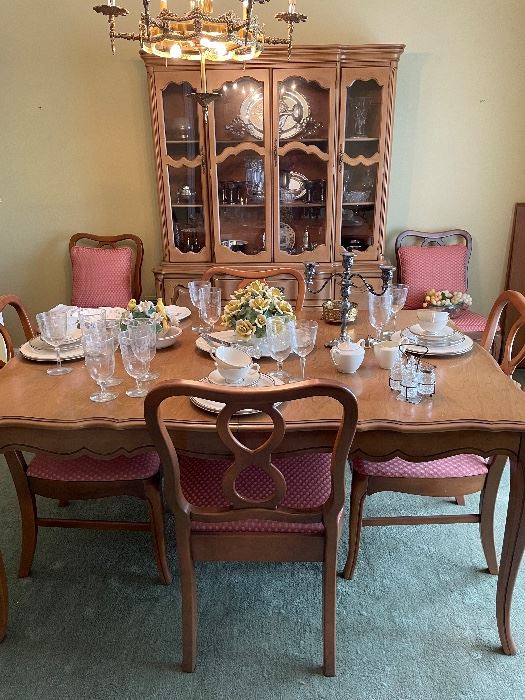 French style dining table, 8 chairs, china cabinet