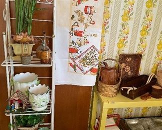 Small baker’s rack & vintage tablecloth