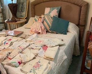 Full size bed, Madame Alexander doll, vintage linens