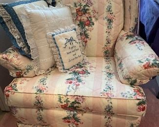 Floral stripe wing back chair