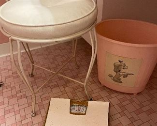 Vanity stool, trash can w/poodle, & scales