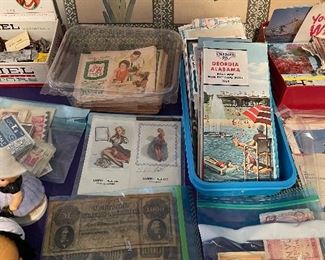 Vintage road maps, S&H green stamps, foreign money, reproduction currency