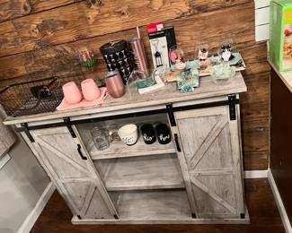 Gray Wash Sliding Barn Door Sideboard
Lolita hand painted martini glass 
Fun “cat” wine glasses and tray set
Cocktail items