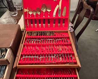 148 Pc Service for 12 Mid Century MCM Brass Teak Flatware in Wood Carry Case