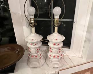 TABLE LAMP PAIR:  Vintage Italian White Porcelain Base w Embossed Roses. 17" Tall VGC
