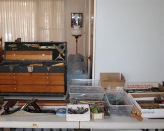 OLD WOOD TOOL CHEST, CARVING TOOLS, TOOLS