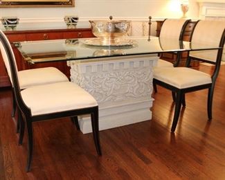 Painted Metal Table Base, 4 Kindel Upholstered Chairs