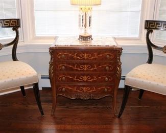Pair Baker? Side Chairs, Inlaid Faux set of Drawers having 4 pull out snack tables