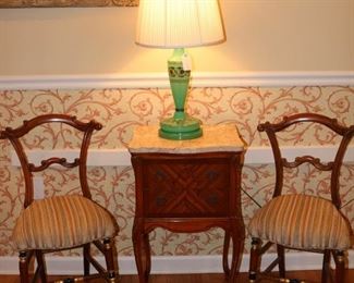 English Bristol Glass Lamp, Marble top Marquetry Stand, pair Antique chairs