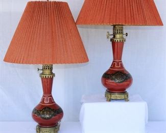 Pair Mounted porcelain urn lamps