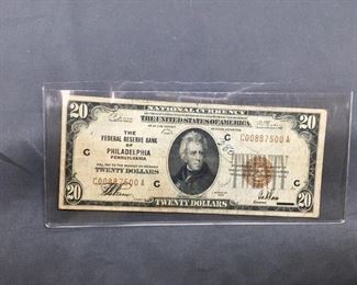 1929 United States Jackson $20 National Bank Note Philadelphia  Rare Bill Currency Note