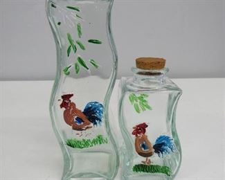Hand painted glass rooster canister jars
