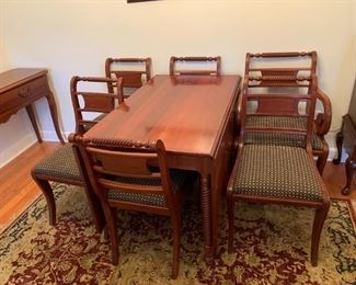 #14	Willet Gateleg Table w/6 chairs & 1 leaf  w/1 captain Chair & 5 other chairs   25.5-61x44Wx30   (does have some scratches on top)  w/table pads	 $425.00 
