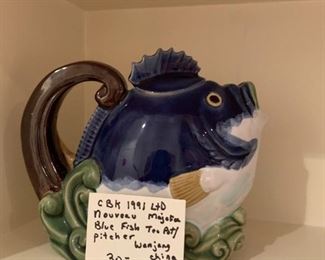 #95	CBK 1991 LTd. Nouveau  Majofa Blue Fish Tea pot/Pitcher Wanjang China signed	 $30.00 
