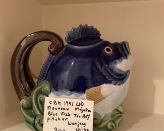 #95 CBK 1991 LTd. Nouveau Majofa Blue Fish Tea pot/Pitcher Wanjang China signed $30.00