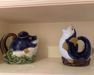 #95	CBK 1991 LTd. Nouveau  Majofa Blue Fish Tea pot/Pitcher Wanjang China signed	 $30.00 
#96	Vintage Wanjiang Fish Nnouveau Majolica CBK 1991 China Fish Pitcher Signed	 $30.00 
