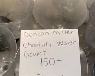 #107	Duncan Miller Chantilly Iced Tea Goblets - set of 15	 $150.00 
#108	Duncan Miller Chantilly Small  set of 11- as is	 $60.00 
#109	Duncan Miller Chantilly Water Goblets - set of 15 - as is	 $150.00 
#110	Duncan Miller Chantilly Champagne/Sherbert - set of 8 - as is	 $70.00 
#111	Duncan Miller Chantilly small Wine Glass - set of 7 - as is	 $45.00 
